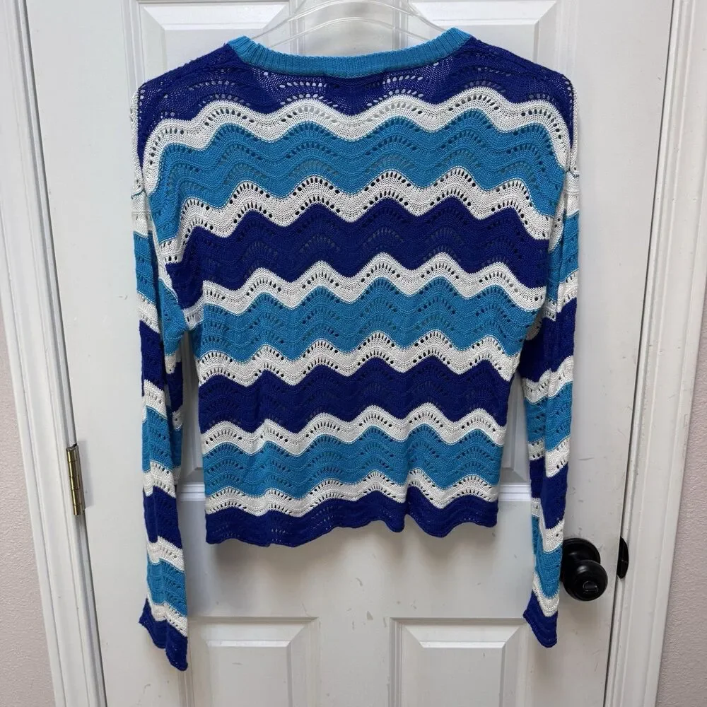 Beach Riot Beach Women’s Small Sweater Blue And White Chevron Scalloped - Picture 2 of 5